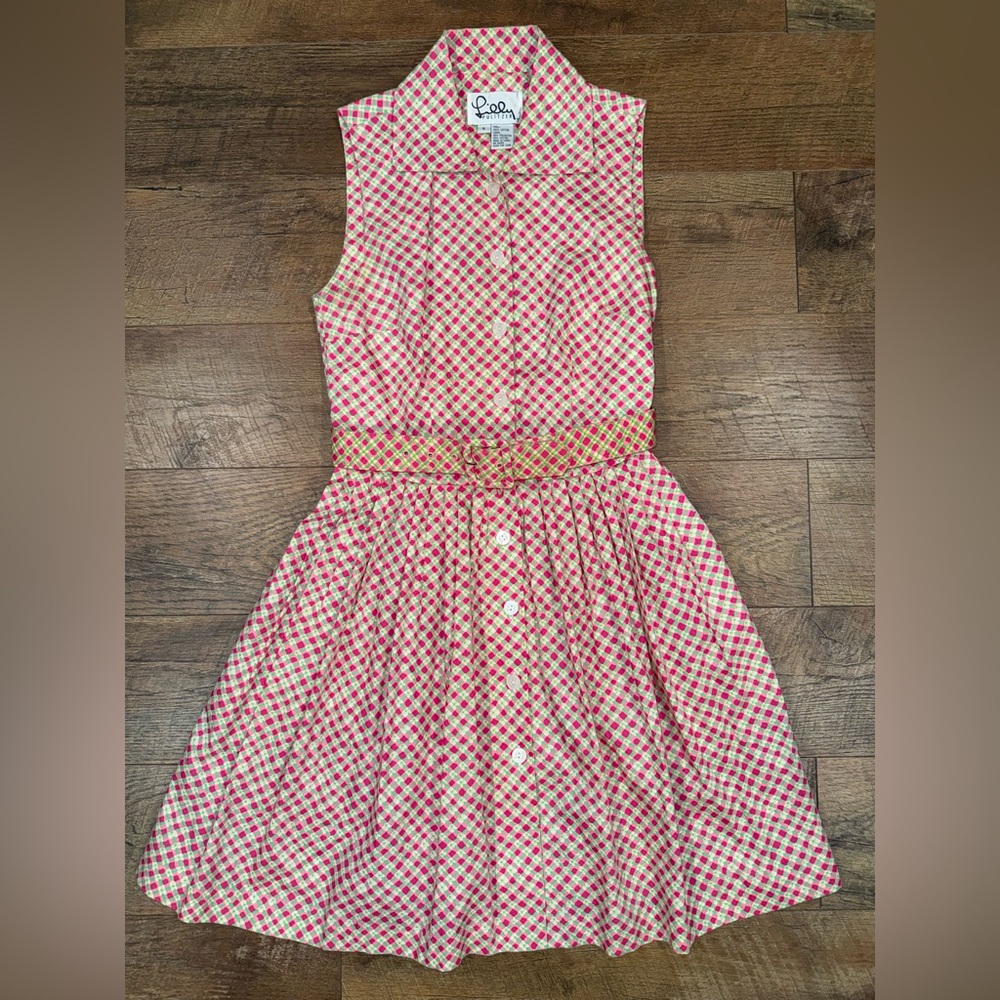 Vintage Lilly Pulitzer White Tag Pink and Green Patterned Sleeveless Shirt Dress